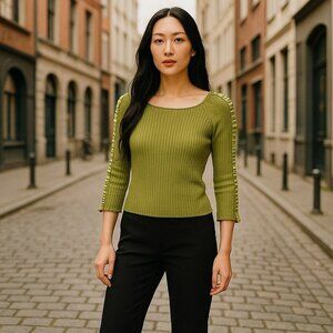 L.A.C.E. Large Green Ribbon Long Sleeve Boat Collar Shirt Blouse Top Sweater L